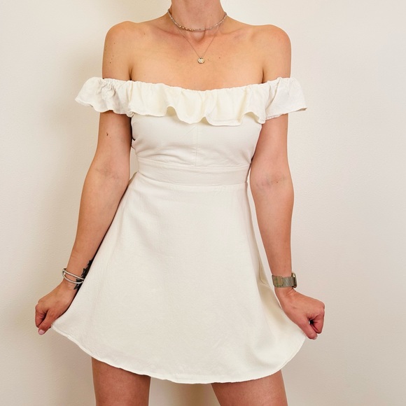 Zara off white Linen Sundress Short Off Shoulder Ruffle Tie Waist Dress prairie - Picture 2 of 9